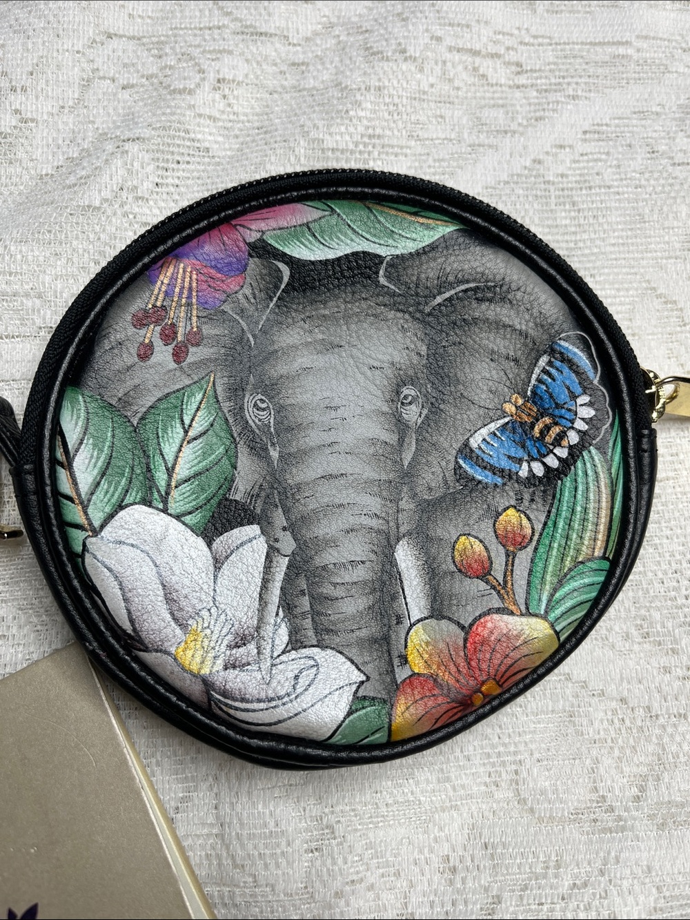 Anuschka Hand-Painted Elephant Coin Purse in Black with Floral Accents - Picture 2 of 8